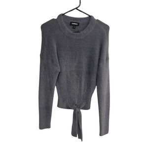 Fuzzy Tie Front Sweater XS Soft‎ Knit Cozy Minimalist Neutral Capsule Pullover